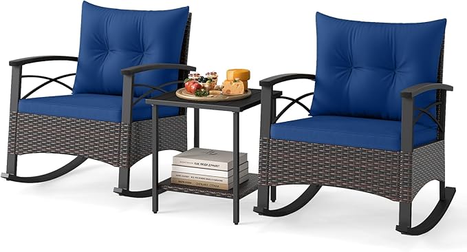 ORALNER 3-Piece Wicker Rocking Chair Set, Outdoor Cushioned Rocker and Acacia Wood Side Table, 400lbs Capacity, PE Rattan Patio Conversation Bistro Set for Porch, Garden, Deck, Poolside, Yard (Navy)
