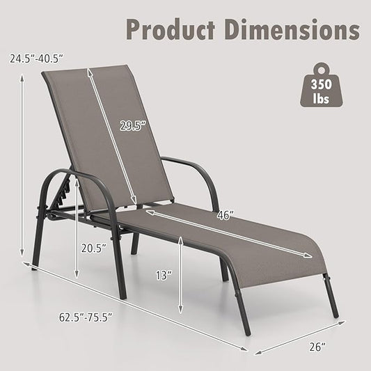 Nightcore Chaise Lounge Chair Outdoor, Pool Chair with 5 Adjustable Backrest, Patio Lounge Chairs with Breathable Fabric, Comfortable Armrest, Chaise Lounge for Patio, Pool, Bench (2, Brown)
