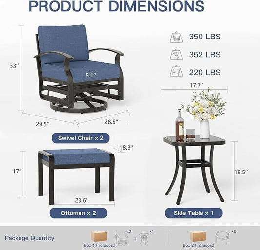 Gotland 5 Piece Patio Set, Aluminum Outdoor Swivel Chairs Set of 2 with 2 Ottoman 5.1’’ High-Resilience Seat Cushions Tempered Glass Coffee Table Removable Cushions, Metal Patio Furniture Set, Navy