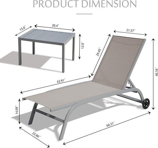 Domi Pool Lounge Chairs Set of 3, Adjustable Aluminum Outdoor Chaise Lounge with Wheels Patio Lounge Chairs with Side Table, All Weather for Deck Lawn Poolside Backyard-Khaki Textilene