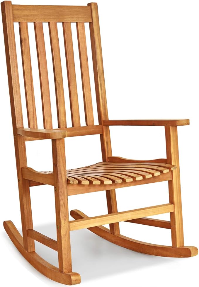 Tangkula Acacia Wood Porch Rocking Chair, Wooden Rocking Chair Rocker with High Back & Armrest for Indoor Outdoor Use, Patio Rocker for Garden Lawn Balcony Backyard Poolside (1, Teak)