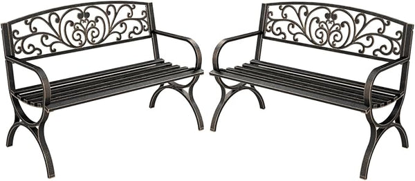 MFSTUDIO Outdoor Metal Bench Set of 2, 50 Inches Outdoor Garden Bench, Cast Iron Metal Frame Patio Park Bench with Floral Pattern Backrest, Arch Legs for Porch Lawn Yard, Bronze