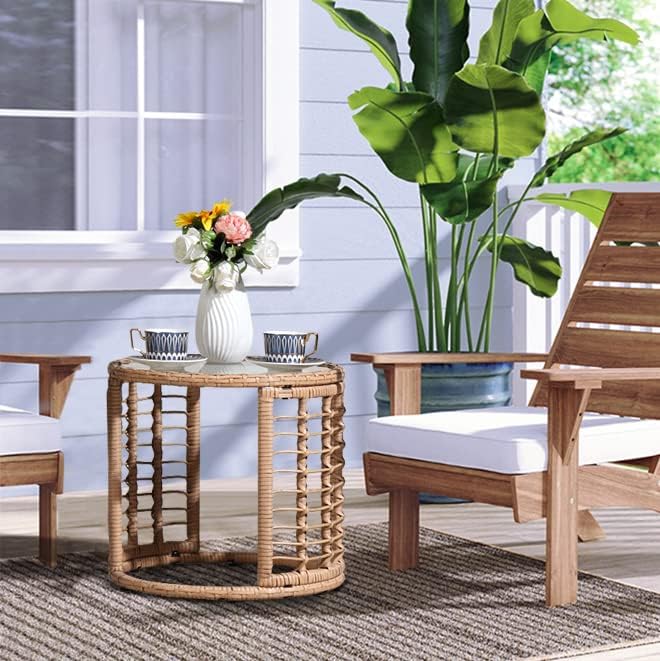JOIVI Outdoor Wicker Side Table, All-Weather Patio Rattan End Table with Glass Top, Round Coffee Table for Indoor Outdoor Backyard Lawn Balcony Pool