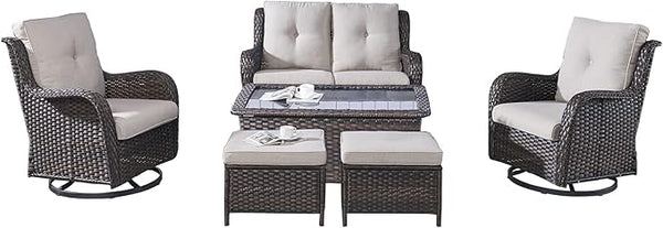 Rilyson Wicker Patio Furniture Set - 6 Piece Rattan Outdoor Sectional Conversation Sets with 2 Swivel Rocking Chairs - Photo 1