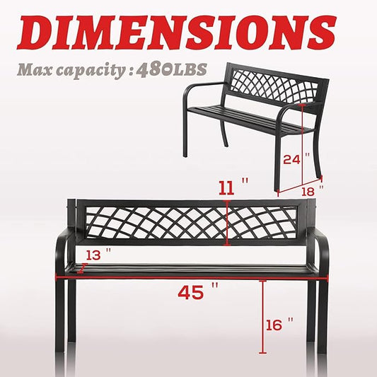 Outdoor Bench Metal Garden Bench - Park Outdoor Furniture Entryway Bench Steel Frame Porch Chair with Wide Backrest & Armrests - Ideal for Yard, Porch, and Entryway - Black