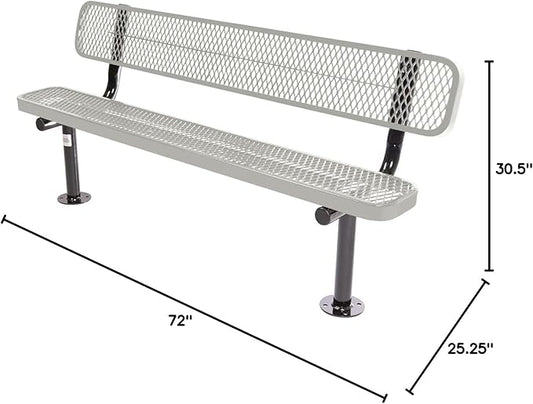 COATEDOUTDOORFURNITURE Coated Outdoor Furniture Heavy-Duty Outdoor Bench Thermoplastic Coated, Expanded Metal, Commercial-Grade Seating, Made in America (Surface with Back, 6 Ft, Textured Grey)