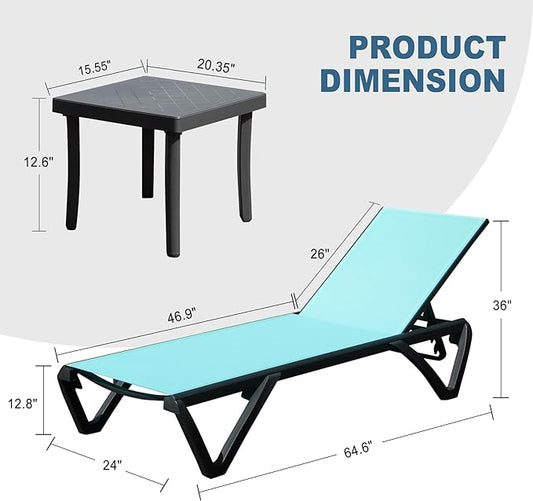 Domi Pool Lounge Chairs, Aluminum Patio Chaise Lounge with Side Table, 5 Position Adjustable Backrest and Wheels, All Weather Outdoor Lounge Chairs for Beach, Yard, Balcony, Poolside, Turquoise Blue