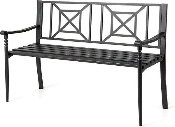 Giantex Metal Outdoor Bench with Backrest, Curved Armrests, Non-Slip Foot Pads, Slatted Seat for 2-3 Persons, Load 660lbs, Loveseat, Patio Bench for Garden, Yard, Poolside, Lawn, Porch, Park, Black
