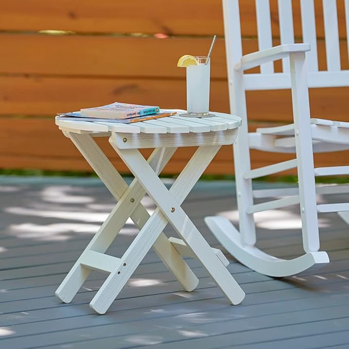 Shine Company Round Wooden Folding Solid Wood Side Table, Outdoor Adirondack Small Patio Table, Eggshell White