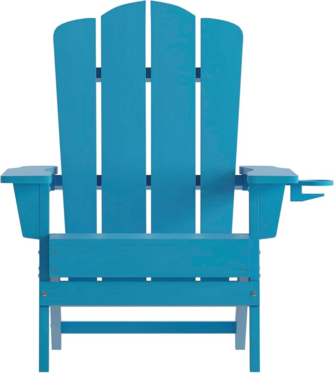 Flash Furniture Newport Adirondack Chairs with Cup Holders, Weather Resistant Poly Resin Adirondack Chairs, Set of 4, Blue