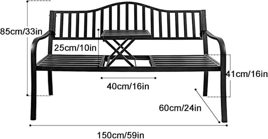 Weatherproof Outdoor Bench, Patio Metal Garden Bench with Built in Table for Yard Lawn Decor Deck(Brown)