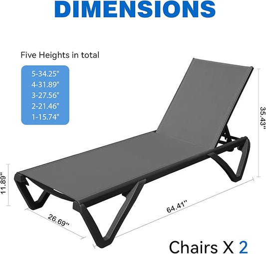 Outdoor Lounge Chairs Set of 2, Aluminum Pool Lounge Chairs with 5 Adjustable Backrest and Side Table, Full Flat Patio Lounge Chair for Sunbathing & Tanning, Poolside, Patio, Beach -Dark Grey
