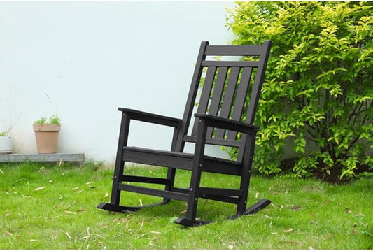 Outdoor Rocking Chair Set with Side Table, 3-Piece Rocking Chair Set with Wood-Texture,All Weather-Resistant,Black (Black + HDPE)