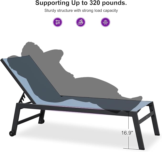 PURPLE LEAF Outdoor Chaise Lounge Set for 2 Oversized Pool Lounge Chairs with Easy-to-Move Wheels and Adjustable Backrest Extra Large Patio Loungers for Poolside Deck Beach Yard Table Included, Teal
