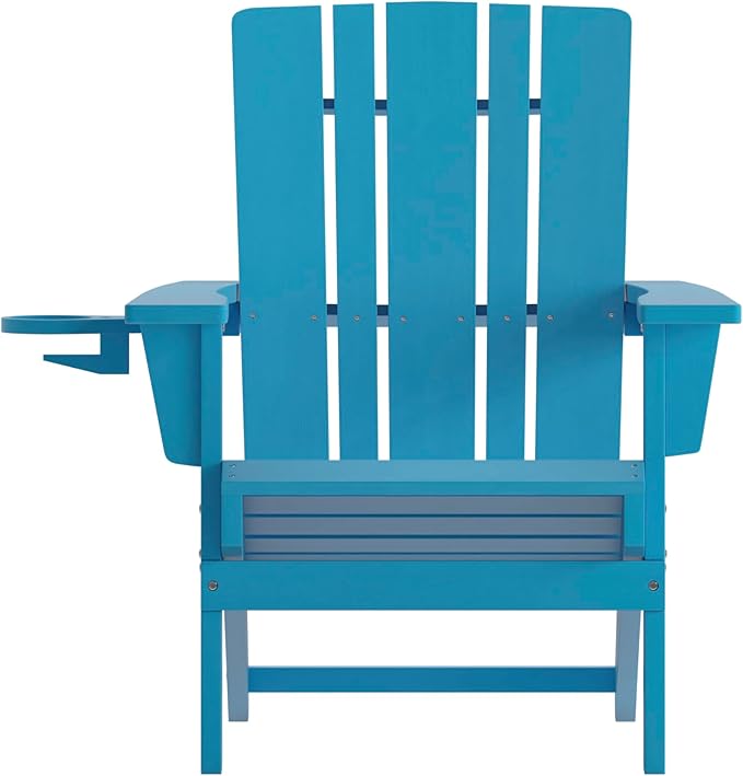 Flash Furniture Halifax Adirondack Chairs with Cup Holders, Weather Resistant Poly Resin Adirondack Chairs, Set of 4, Blue