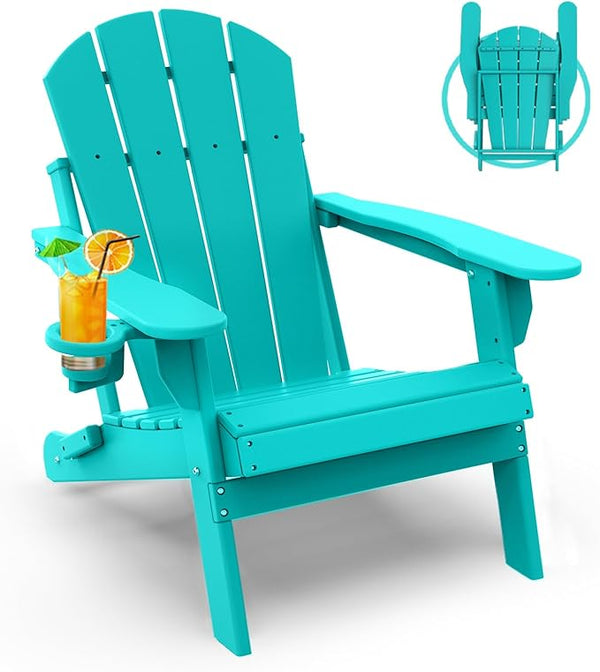GREENVINES Folding-Adirondack-Chair | HDPE Plastic | Fire Pit Chairs | All Weather | Cup Holder | Aqua - Photo 1