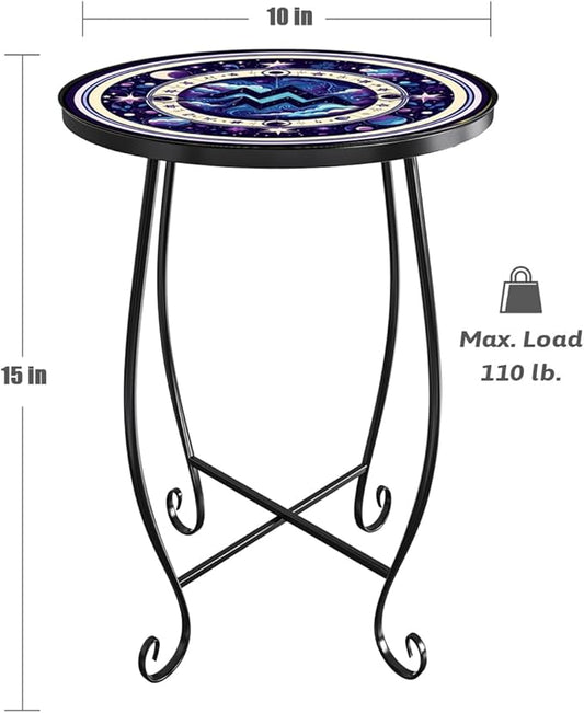 15 Inch Tall Patio Side Table, Small Patio Table for Outdoor Deck Porch Poolside, Ocean Wave Metal End Table, Rust Resistant Garden Stool Matches Mosaic Outdoor Side Table Decor