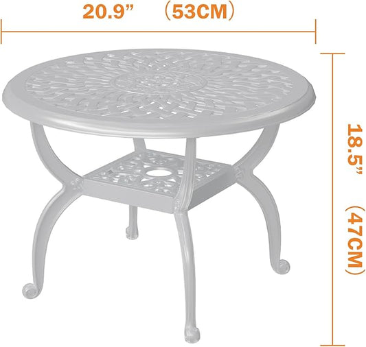 Round Outdoor Coffee Table, Cast Aluminum Side Table with Storage,Indoor End Table, All-Weather Bistro Table for Patio Garden Lawn,White