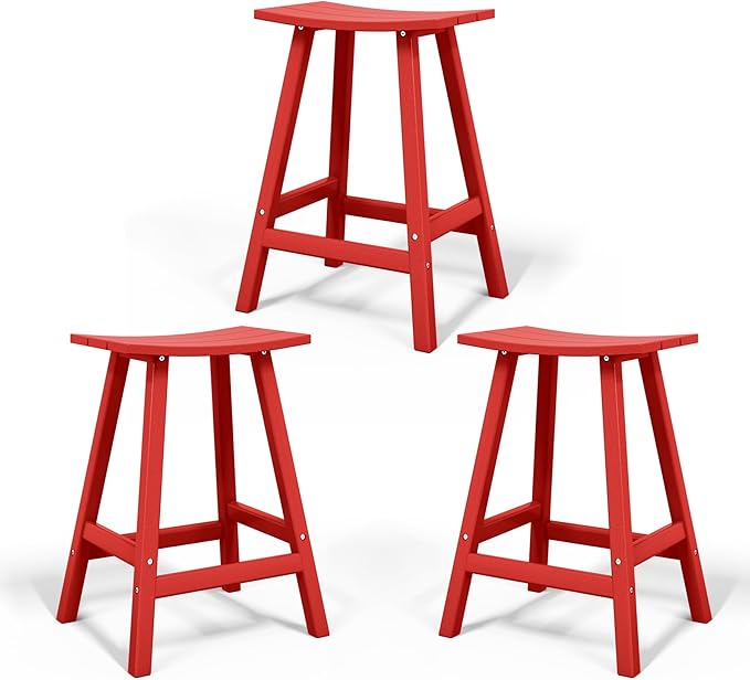 Costaelm All-Weather Bar Stools Set of 3, 29" Height Outdoor Bar Stools, Adirondack Poly Patio Bar Stool for Patio, Deck, Kitchen Counter and Garden, Red
