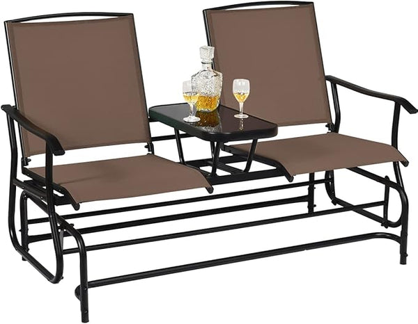 Giantex Patio Bench Glider Chair with Metal Frame, Center Tempered Glass Table - Photo 1