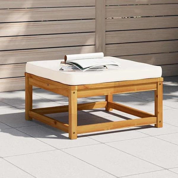 Outdoor Ottoman Cream White 24.8"x24.8" Acacia Wood Patio Stool Modular Sectional Piece for Garden Balcony Backyard - Photo 1