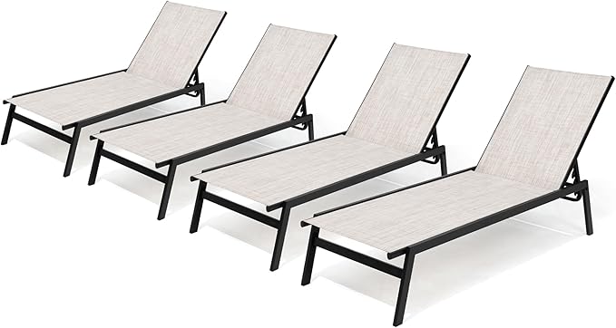 Crestlive Products Stackable Chaise Lounge Chair Outdoor Set of 4, Adjustable 5 Positions Pool Tanning Recliner,Outdoor Lounge Furniture Perfect for Patio, Beach, Yard, Pool