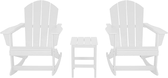 WO WESTIN OUTDOOR HDPE Laguna Outdoor Rocking Poly Adirondack Chair with Side Table 3-Piece Set, White