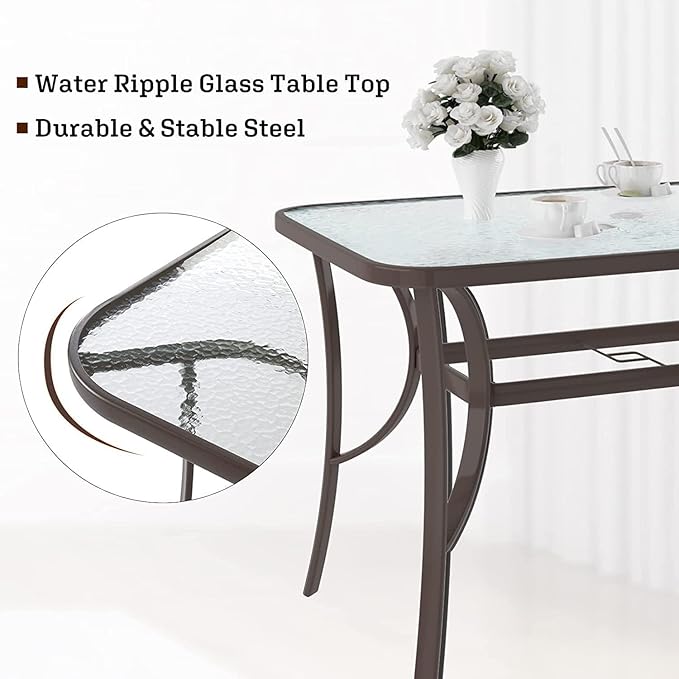 SDHYL 47-Inch Outdoor Dining Table with Tempered Glass Top – Patio Table with Umbrella Hole, Heavy Duty Steel Frame, Weather-Resistant Brown Finish for Garden, Poolside & Backyard