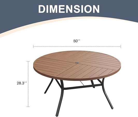 VICLLAX 50" Round Patio Dining Table for 6, All Weather Metal Outdoor Table with 1.57" Umbrella Hole and Surdy Frame for Garden Lawn Deck, Walnut