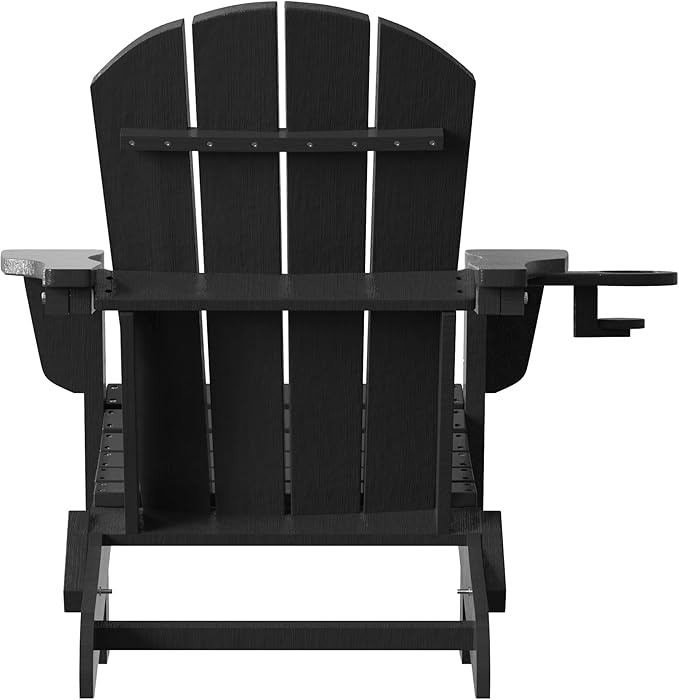 Folding Adirondack Chair with Cup Holder, HDPE All-Weather Folding Patio Chair, Outdoor Patio Adirondack Chair for Lawn Porch Garden Backyard Deck Fire Pit, Black