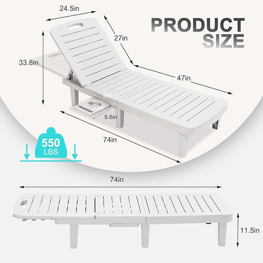 Outdoor Chaise Lounge Set of 2, Waterproof Resin Lounge Chairs for Outside w/Adjustable 5 Positions Recliner Chair for Patio, Poolside, Beach, Yard, All Weather Use, White