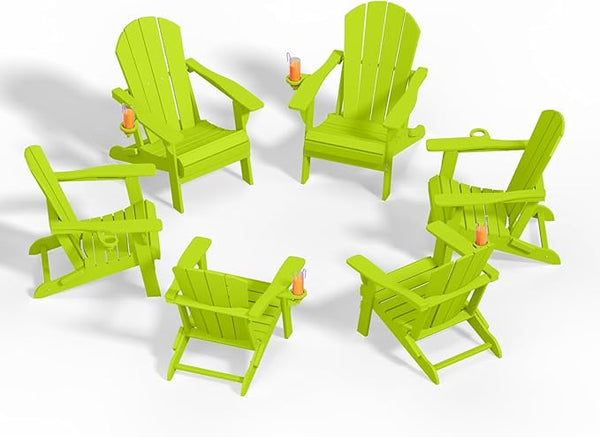 Folding Adirondack Chairs with Cup Holders, Set of 6 HDPE Plastic Outdoor Chairs, Weather Resistant, Real Wood Look - Photo 1