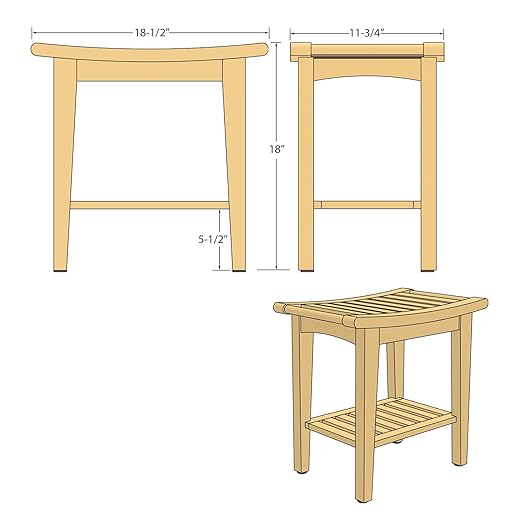 Kasa Solid Teak Indoor Outdoor Shower/Bath/Spa Stool Bench with Bottom Shelf, Fully Assembled, DB-916