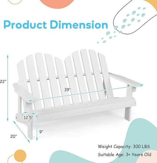 Giantex Kids 2-Seat Adirondack Chair - Fir Wood Double Loveseat with High Backrest, Arm Rest, 300 LBS Weight Capacity, Outdoor All Weather Porch Chair for Balcony, Backyard, Poolside, Yard (1, White)