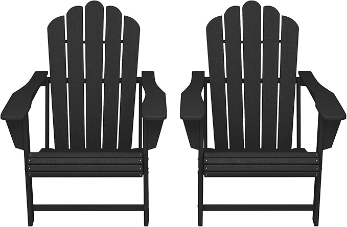 Costaelm Lakeview Outdoor Patio HDPE Adirondack Chairs with Cup Holders (Set of 2), Black