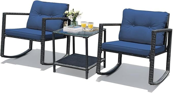 HAPPYGRILL 3-Piece Rocking Bistro Set Outdoor Patio Rocking Chairs with Coffee Table Rattan Wicker Furniture - Photo 1