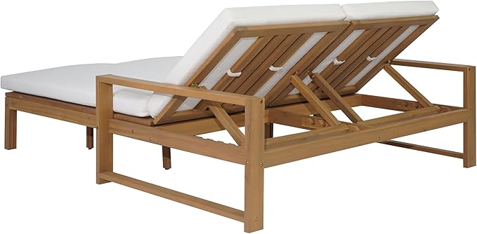 Acacia Wood Outdoor Double Chaise Lounge with 5-Position Adjustable Backrest and Armrest, All Weather Patio Recliner Chair Sunbed with Removable Cushions for Poolside Garden (Light Teak-3.1)
