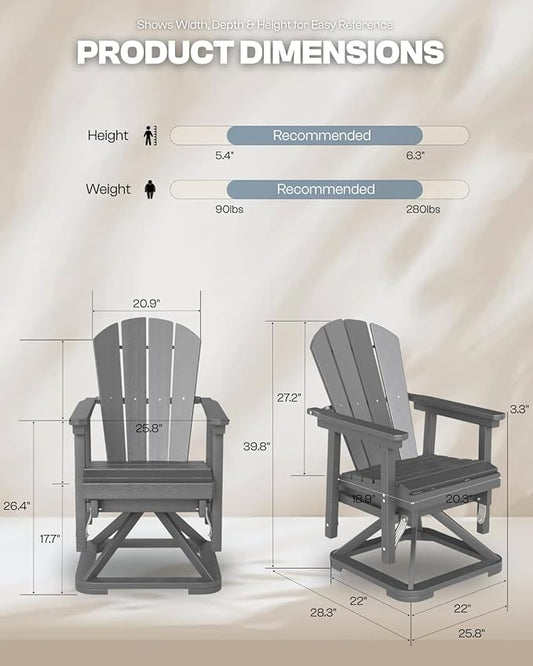 HDPE Swivel Glider Chair Outdoor, Weather Resistant Adirondack Outside Rocking Chair, Wooden Textured Outdoor Swivel Chair Set of 6 for Porch, Balcony, Poolside, Backyard (Grey)