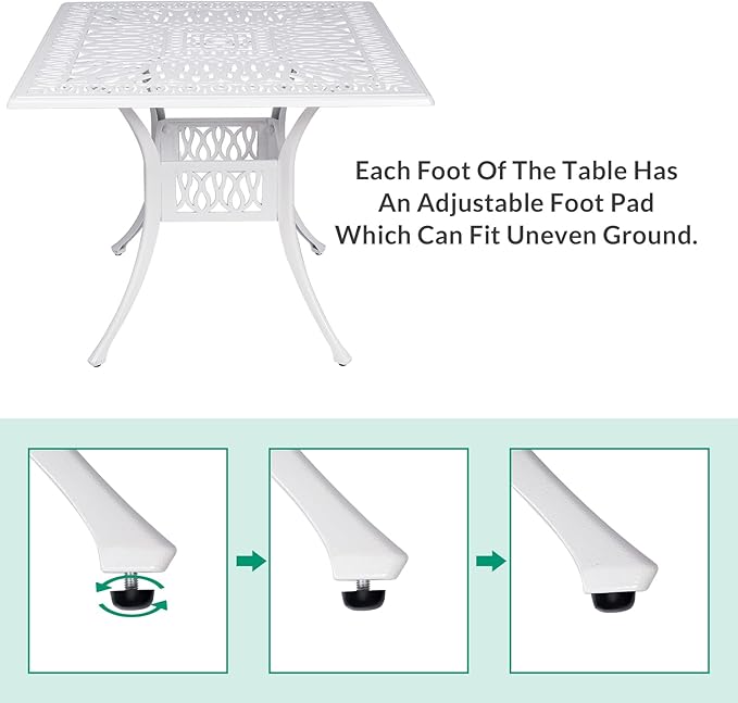 VIVIJASON 35.4" Outdoor Patio Dining Square Table White Cast Aluminum Rustic Large Patio Table with Umbrella Hole