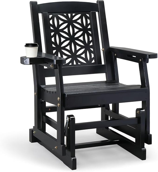 VINGLI Fir Wood Outdoor Glider with Floral Backrest, Wooden Patio Gliding Bench with Cup Holders - Photo 1