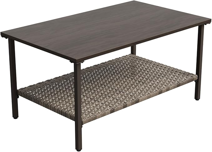 COOS BAY Aurora Terrace Outdoor Coffee Table with 2-Tier Storage, Metal Patio Table for Garden, Balcony, Poolside, Porch, Wood Grain Top