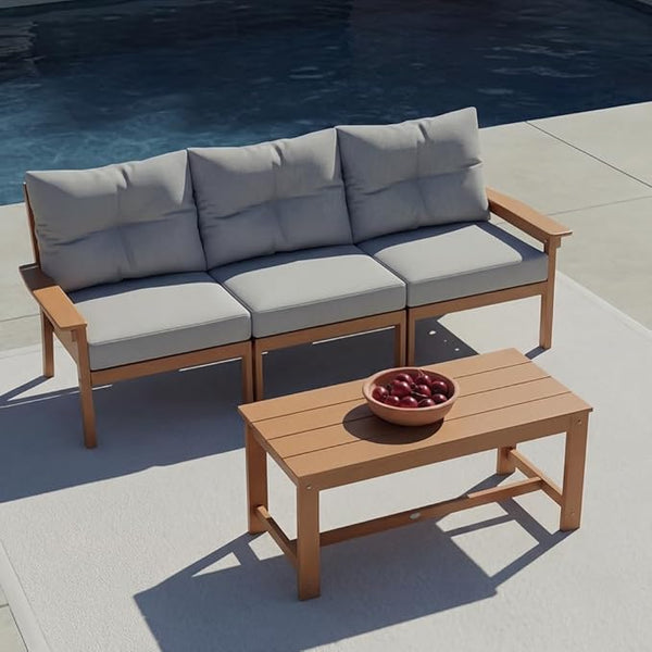 Teak HDPE Patio Sofa Set, 4-Piece Sectional Outdoor Patio Furniture Set - Photo 1