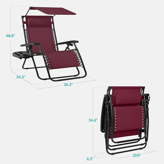 Best Choice Products 30” Wide Folding Zero Gravity Outdoor Recliner Patio Lounge Chair w/Adjustable Canopy Shade, Headrest, Side Accessory Tray - Burgundy