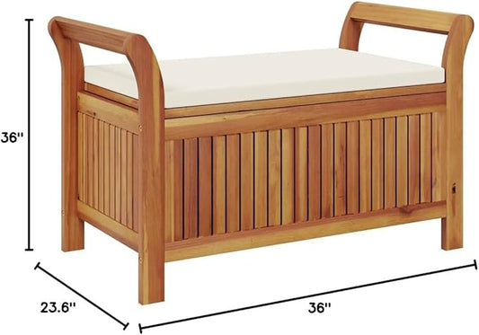 Outdoor Storage Bench with Cushion, Acacia Wood Garden Seat for Patio, Balcony, and Backyard, Weather-Resistant, Spacious Storage Compartment, Easy Assembly