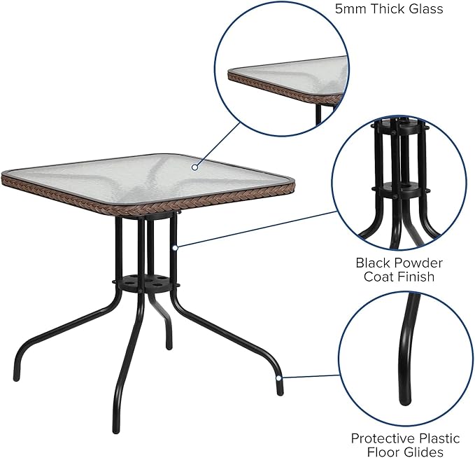 Flash Furniture Barker 28'' Square Tempered Glass Metal Table with Dark Brown Rattan Edging