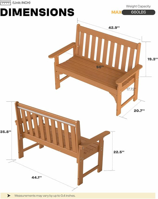 2-Person Outdoor Garden Bench, HDPE All-Weather Patio Bench with Backrest & Armrests, Heavy Duty Outdoor Seating for Porch, Backyard & Park, 660 lbs (Brown, 2 Benches)
