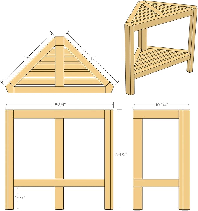 Asta Bora Solid Teak Indoor Outdoor Shower/Bath/Spa Corner Stool with Shelf, Fully Assembled, SpaTeak Collection, TB-009