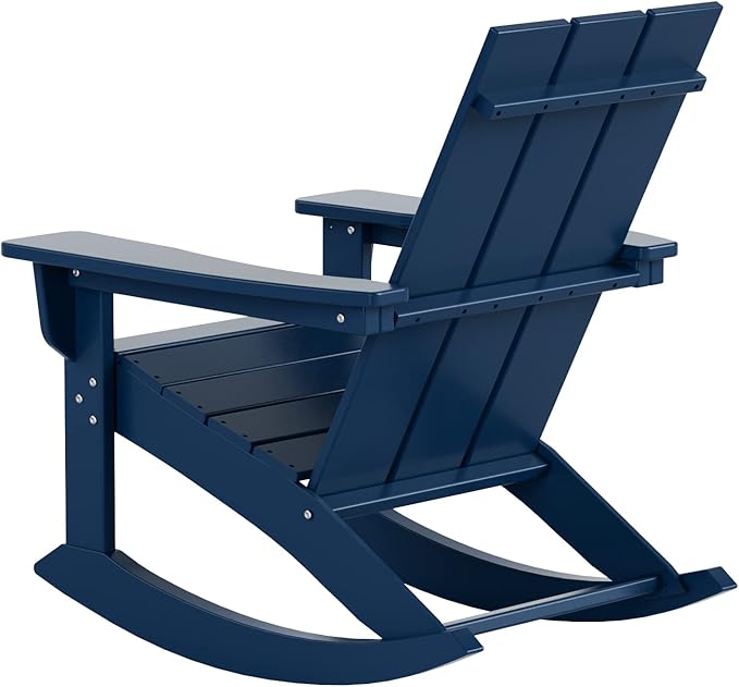 WestinTrends Ashore Patio Rocking Chairs Set of 4, All Weather Poly Lumber Plank Adirondack Rocker Chair, Modern Farmhouse Outdoor Rocking Chairs for Porch Garden Backyard and Indoor, Navy Blue