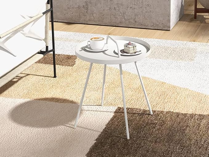 Grand patio Outdoor Side Table with Handle, Small Portable End Table, 17-in Round Side Table, White