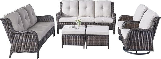 Rilyson Wicker Patio Furniture Set - 6 Piece Rattan Outdoor Sectional Conversation Sets with 2 Rocking Swivel Chairs,2 Ottomans and 2 Sofa for Porch Deck Garden(Brown/Beige)